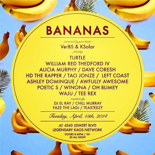 we play BANANAS tomorrow night! doors at 830! it's hella cool!! so you should be there! #bananas #leimertpark #leimertchella #kaosnetwork